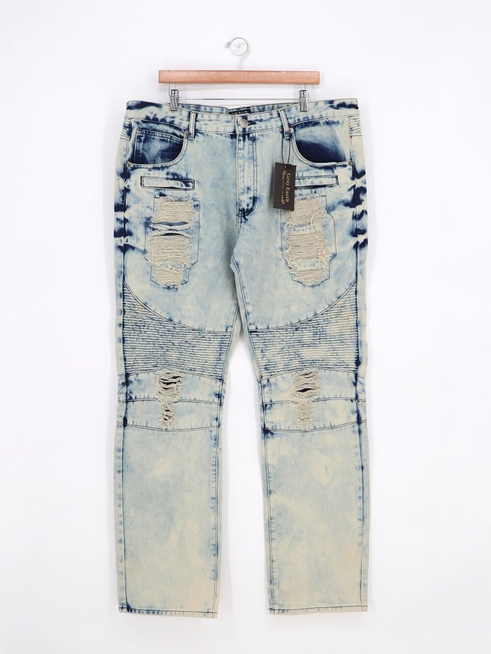 NWT GRAY EARTH Men's Acid Wash Distressed Moto Biker Jeans Size 40